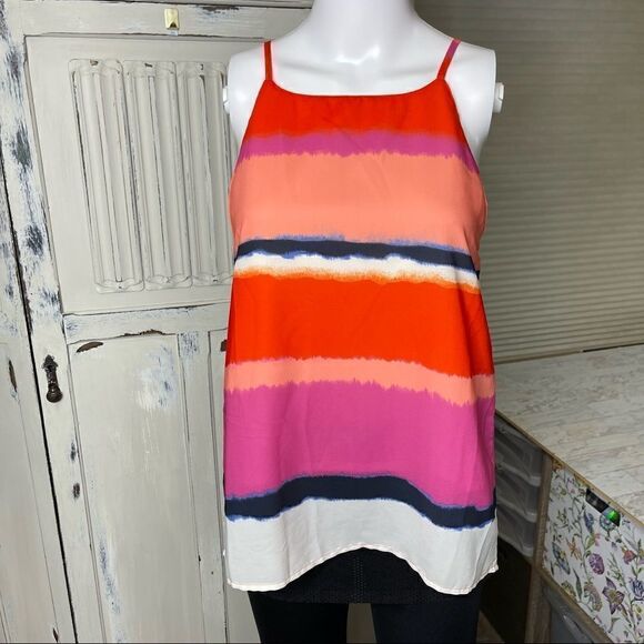 Valette Stripe Tye Dye Split Back Spaghetti Strap Top Tank - Picture 3 of 13